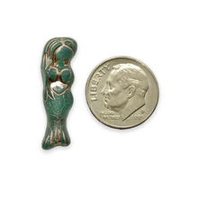 Load image into Gallery viewer, Czech glass mermaid beads 4pc matte teal platinum 25mm