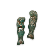 Load image into Gallery viewer, Czech glass mermaid beads 4pc matte teal platinum 25mm