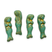 Load image into Gallery viewer, Czech glass mermaid beads charms 4pc blue green turquoise gold wash 25mm-Orange Grove Beads