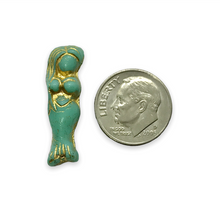 Load image into Gallery viewer, Czech glass mermaid beads 4pc blue green turquoise gold 25mm