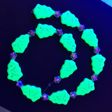 Load image into Gallery viewer, Czech glass Christmas tree beads mint green and silver stars UV glow