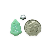 Load image into Gallery viewer, Czech glass Christmas tree beads mint green and silver stars UV glow