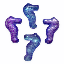 Load image into Gallery viewer, Czech glass seahorse focal beads 4pc blue with metallic pink 28mm #6 vertical drill-Orange Grove Beads