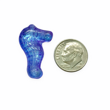 Load image into Gallery viewer, Czech glass seahorse beads 4pc blue metallic pink 28mm #6