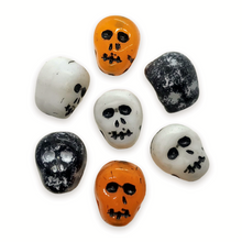 Load image into Gallery viewer, Czech glass skull shaped beads 12pcs Halloween colors mix orange black white-Orange Grove Beads