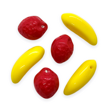 Load image into Gallery viewer, Strawberry banana milkshake Czech glass fruit beads charms mix 12pc-Orange Grove Beads