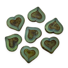 Load image into Gallery viewer, Czech glass table cut heart beads 8pc opaline turquoise picasso 14x12mm UV glow-Orange Grove Beads