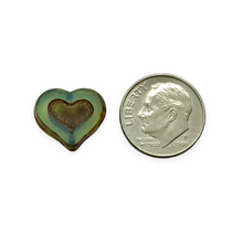 Load image into Gallery viewer, Czech glass table cut heart beads 8pc opaline turquoise picasso 14x12mm UV glow