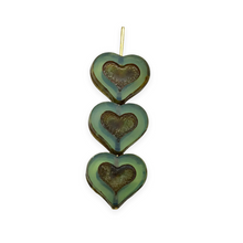 Load image into Gallery viewer, Czech glass table cut heart beads 8pc opaline turquoise picasso 14x12mm UV glow