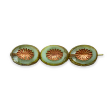 Load image into Gallery viewer, Czech glass table cut kiwi oval beads 10pc mint green copper 14x10mm