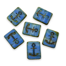 Load image into Gallery viewer, Czech glass table cut rectangle anchor beads 6pc blue marble picasso-Orange Grove Beads