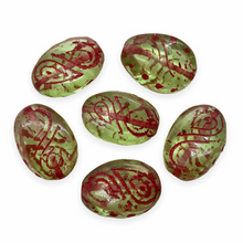 Load image into Gallery viewer, Czech glass twisted oval beads 8pc light green with paisley and pink inlay-Orange Grove Beads