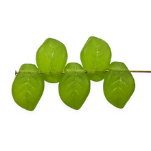 Load image into Gallery viewer, Czech glass wavy leaf beads 20pc frosted olivine green 14x9mm
