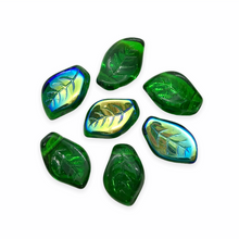 Load image into Gallery viewer, Czech glass wavy curved leaf beads 20pc translucent green AB 14x9mm-Orange Grove Beads