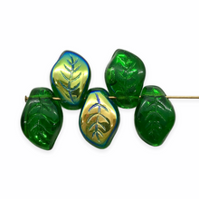 Load image into Gallery viewer, Czech glass wavy leaf beads 20pc emerald green AB 14x9mm