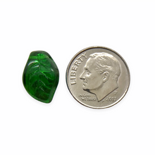 Load image into Gallery viewer, Czech glass wavy leaf beads 20pc emerald green AB 14x9mm
