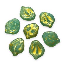 Load image into Gallery viewer, Czech glass wide petal leaf beads 20pc sea green opal gold rain 15x12mm UV glow-Orange Grove Beads