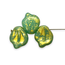 Load image into Gallery viewer, Czech glass wide petal leaf beads 20pc uranium sea green gold 15x12mm
