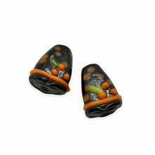 Load image into Gallery viewer, Lampwork glass Halloween orange black polka dot witch hat focal beads 2pc 22mm -Orange Grove Beads