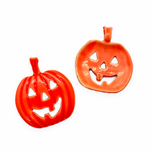 Load image into Gallery viewer, Large Halloween Carved Jack O'Lantern pumpkin pendant 2pc pewter orange epoxy 24mm
