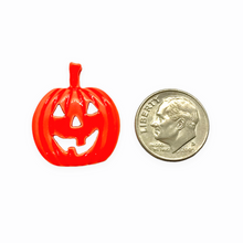 Load image into Gallery viewer, Large Halloween Carved Jack O'Lantern pumpkin pendant 2pc pewter orange epoxy 24mm