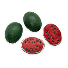 Load image into Gallery viewer, Hand painted tiny ceramic watermelon fruit beads charms 4pc 13x10mm-Orange Grove Beads