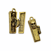 Load image into Gallery viewer, Hinged coffin locket charm pendant with mini skeleton 1pc antique gold pewter 29mm-Orange Grove Beads