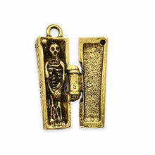 Load image into Gallery viewer, Hinged coffin locket charm pendant with mini skeleton 1pc antique gold pewter 29mm