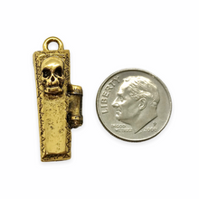 Load image into Gallery viewer, Hinged coffin locket charm pendant with mini skeleton 1pc antique gold pewter 29mm