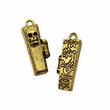 Load image into Gallery viewer, Hinged coffin locket charm pendant with mini skeleton 1pc antique gold pewter 29mm