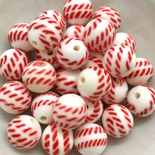 Load image into Gallery viewer, Vintage Japan round glass beads 10pc white with red peppermint stripes 10mm-Orange grove Beads