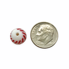 Load image into Gallery viewer, Vintage Japan round glass beads 15pc white with red peppermint stripes 10mm