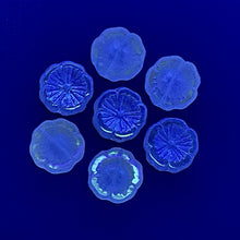 Load image into Gallery viewer, Czech glass table cut hibiscus flower beads 10pc etched blue AB 14mm
