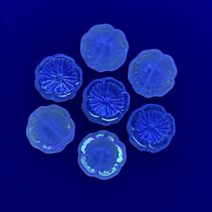 Czech glass table cut hibiscus flower beads 10pc etched blue AB 14mm