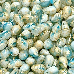 Czech glass teardrop beads 50pc blue white gold 9x6mm