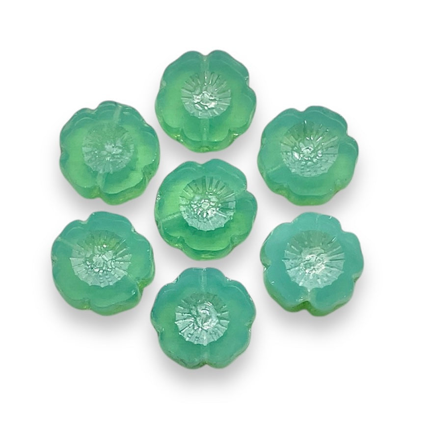 Czech glass table cut hibiscus flower beads 10pc uranium blue green 14mm