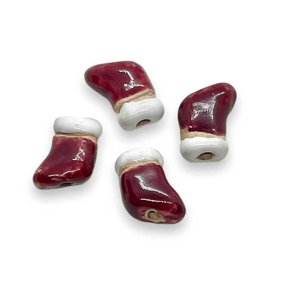 Tiny Christmas stocking beads Peruvian ceramic 4pc 12x10mm