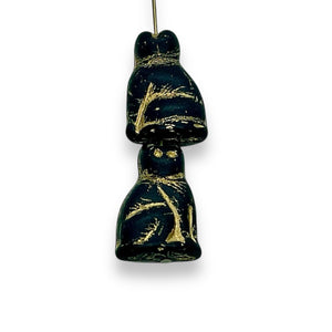 Czech glass large seated cat beads 6pc black gold 20mm