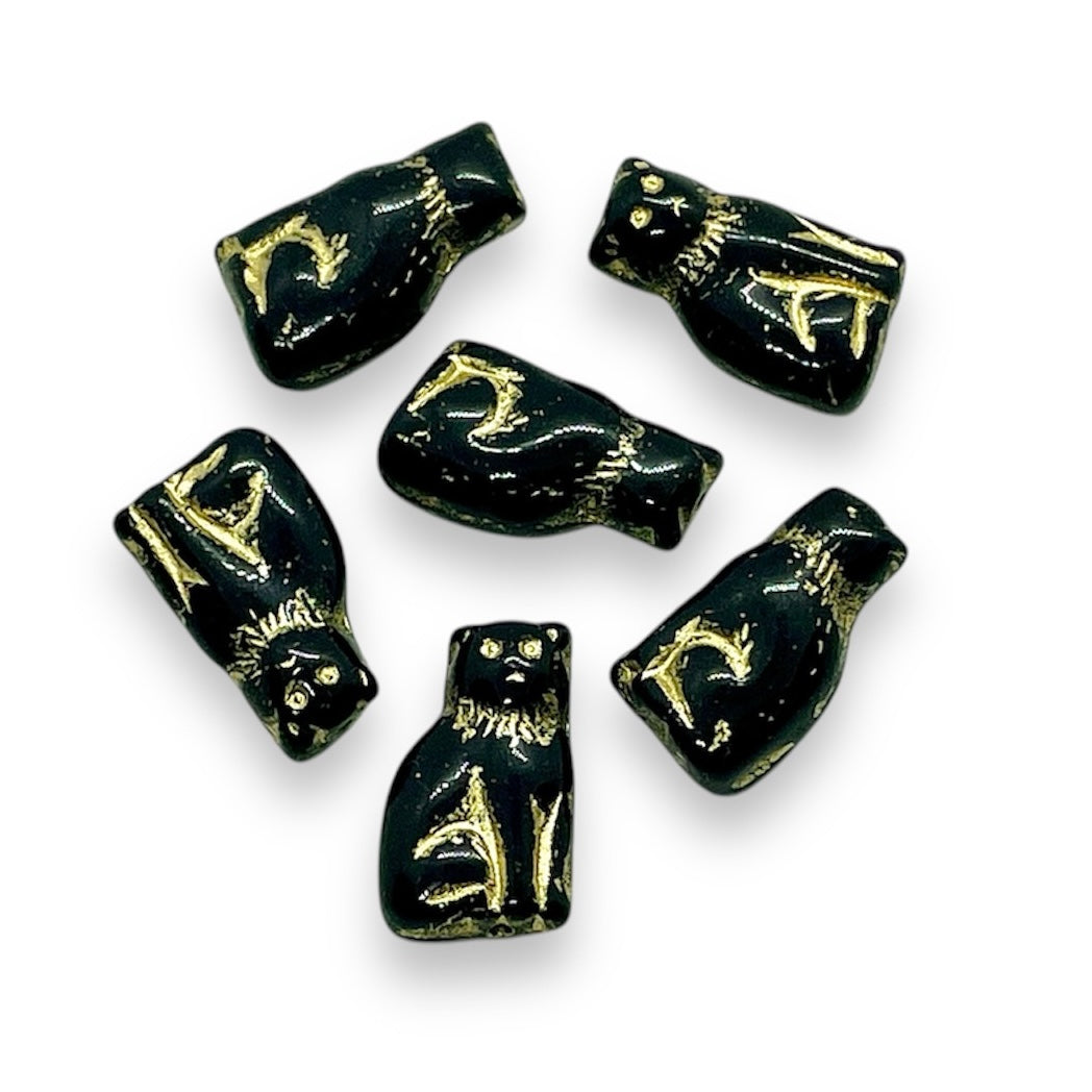 Czech glass small seated cat beads 10pc jet black gold 15mm