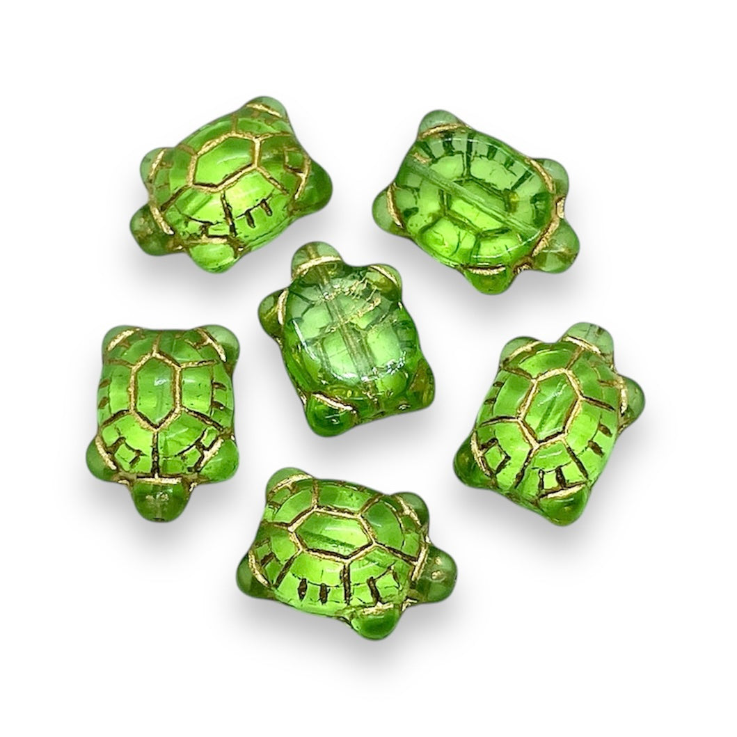 Czech glass large turtle tortoise beads 8pc green 19x14mm