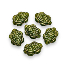 Load image into Gallery viewer, Czech glass sea turtle tortoise beads 10pc olivine green gold 17x13mm
