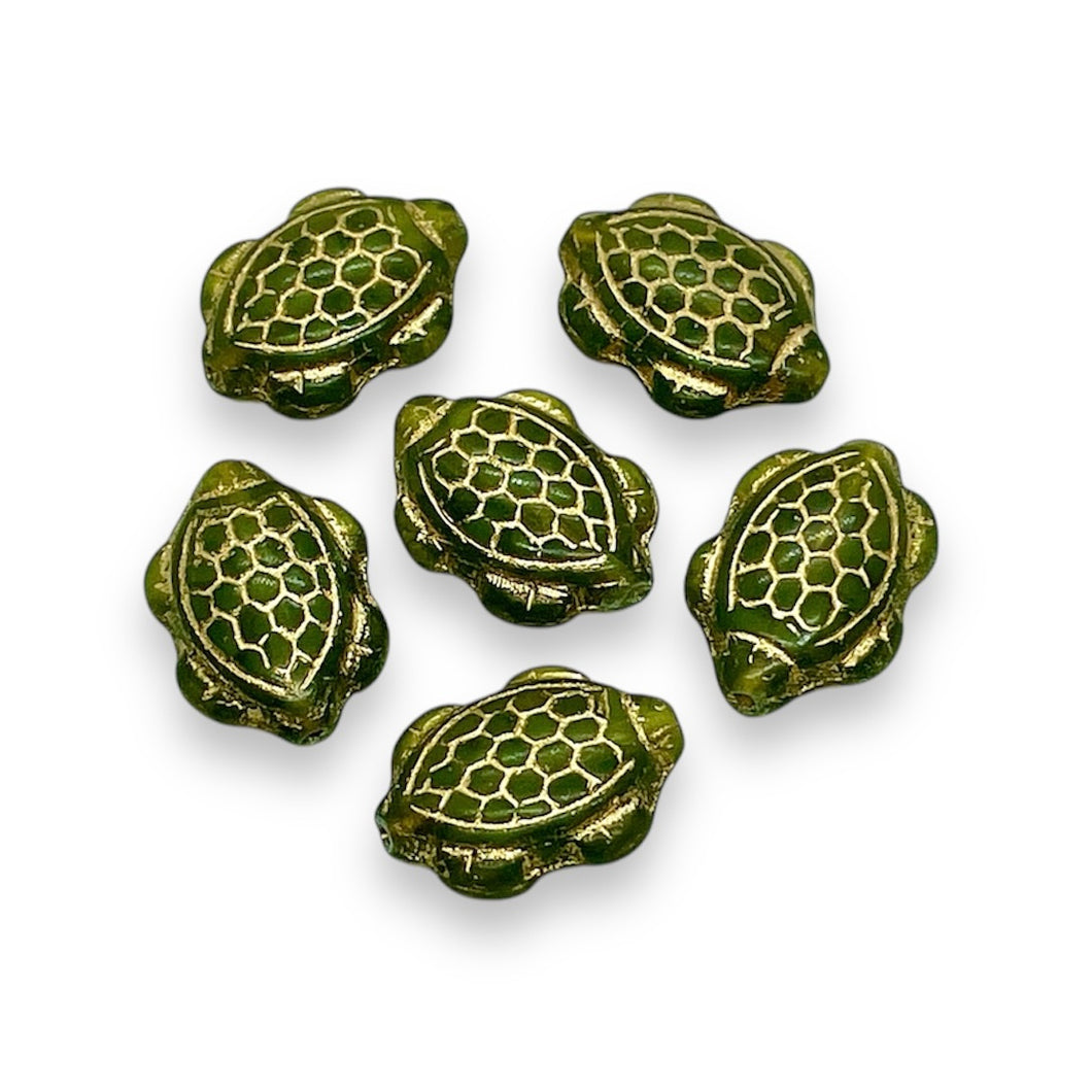 Czech glass sea turtle tortoise beads 10pc olivine green gold 17x13mm