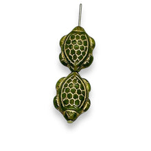 Load image into Gallery viewer, Czech glass sea turtle tortoise beads 10pc olivine green gold 17x13mm
