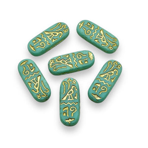 Czech glass Egyptian cartouche beads 6pc turquoise gold 25x10mm