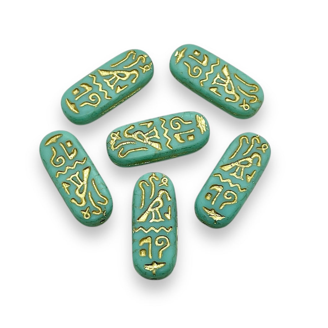 Czech glass Egyptian cartouche beads 6pc turquoise gold 25x10mm