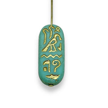 Load image into Gallery viewer, Czech glass Egyptian cartouche beads 6pc turquoise gold 25x10mm
