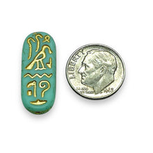 Load image into Gallery viewer, Czech glass Egyptian cartouche beads 6pc turquoise gold 25x10mm
