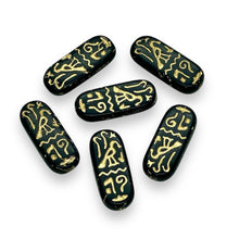 Load image into Gallery viewer, Czech glass Egyptian cartouche beads 6pc jet gold 25x10mm
