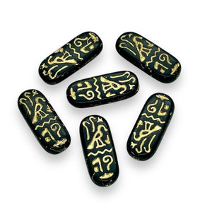 Czech glass Egyptian cartouche beads 6pc jet gold 25x10mm