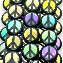 Load image into Gallery viewer, Czech glass laser tattoo peace sign coin beads 8pc black AB 17mm
